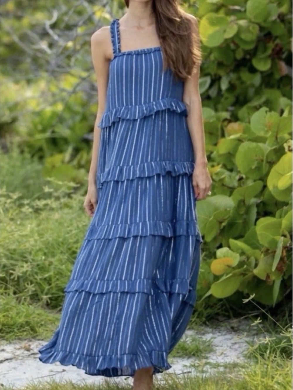 NWT Bindu Melita Navy Blue Metallic Stripe Cotton‎ Maxi Dress